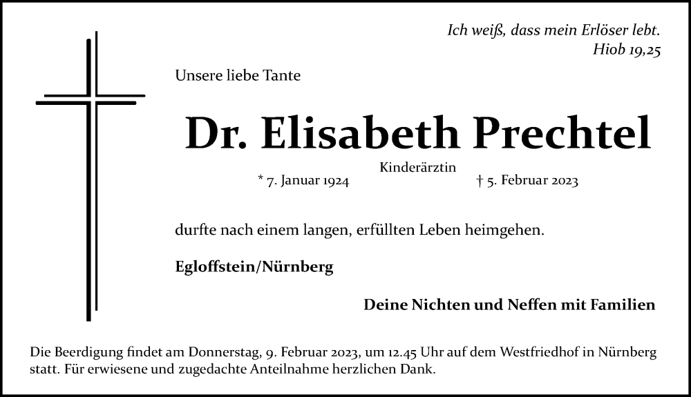  Traueranzeige für Elisabeth Prechtel vom 07.02.2023 aus Gesamtausgabe Nürnberger Nachrichten/ Nürnberger Ztg.