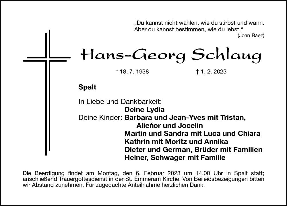  Traueranzeige für Hans-Georg Schlaug vom 04.02.2023 aus Roth-Hilpoltsteiner Volkszeitung Lokal