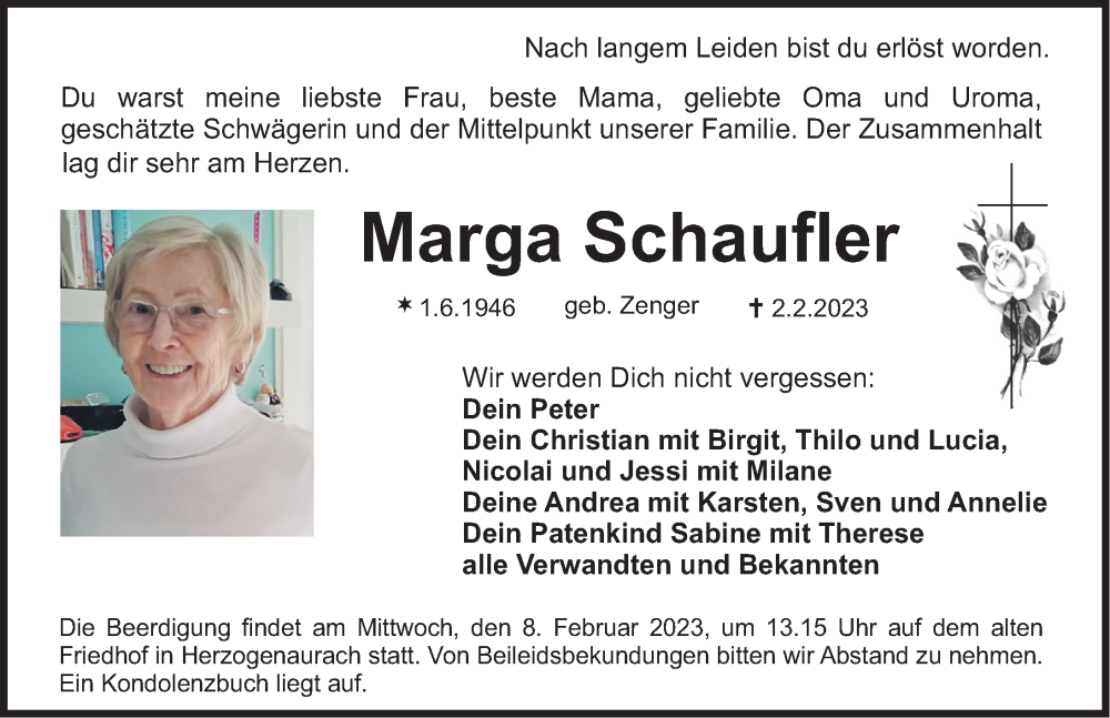  Traueranzeige für Marga Schaufler vom 04.02.2023 aus Nordbayerische Nachrichten Herzogenaurach Lokal