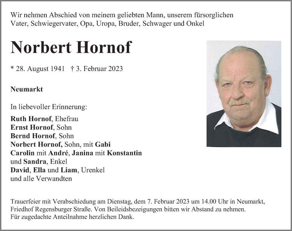 Traueranzeige für Norbert Hornof vom 06.02.2023 aus Neumarkter Nachrichten Lokal