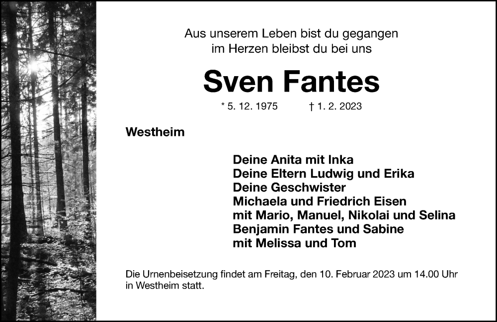  Traueranzeige für Sven Fantes vom 04.02.2023 aus Altmühl-Bote Lokal