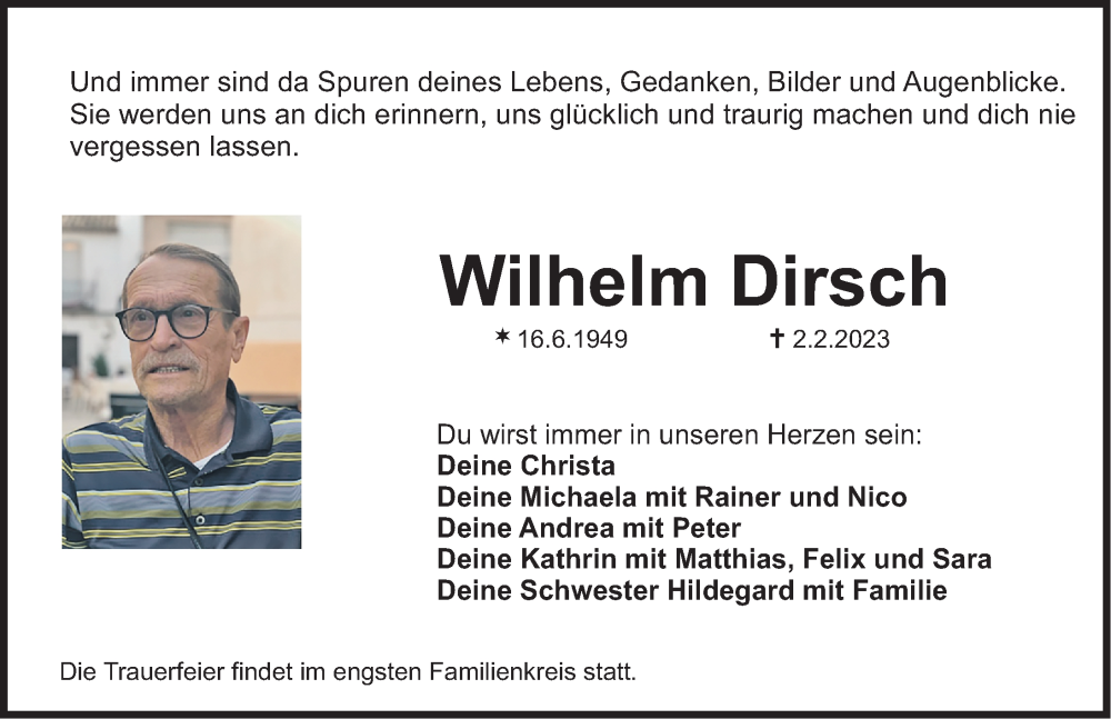  Traueranzeige für Wilhelm Dirsch vom 04.02.2023 aus Nordbayerische Nachrichten Herzogenaurach Lokal