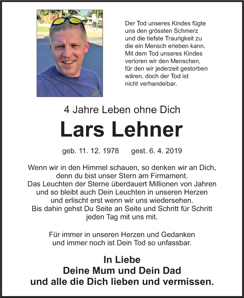  Traueranzeige für Lars Lehner vom 06.04.2023 aus Nordbayerische Nachrichten Pegnitz Lokal