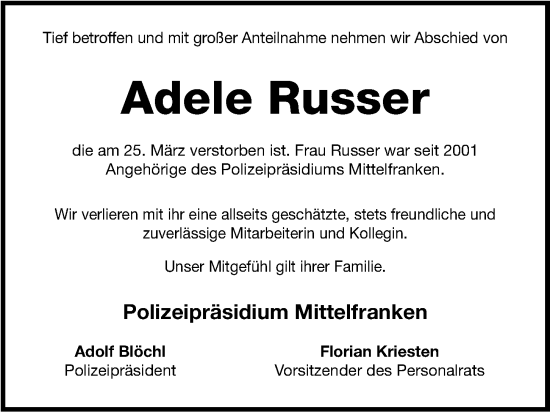 Traueranzeige von Adele Russer von Gesamtausgabe Nürnberger Nachrichten/ Nürnberger Ztg.