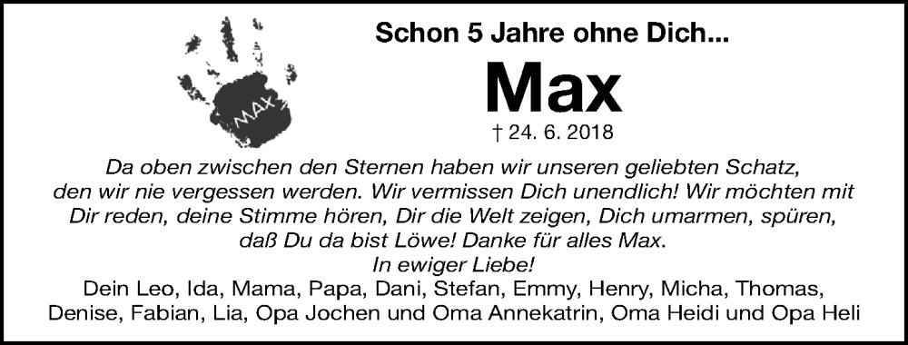  Traueranzeige für Max  vom 24.06.2023 aus Erlanger Nachrichten Lokal