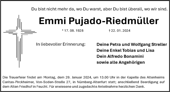 Traueranzeige von Emmi Pujado-Riedmüller von Gesamtausgabe Nürnberger Nachrichten/ Nürnberger Ztg.