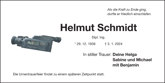 Traueranzeige von Helmut Schmidt von Gesamtausgabe Nürnberger Nachrichten/ Nürnberger Ztg.