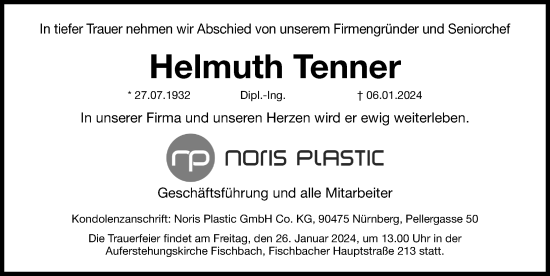 Traueranzeige von Helmuth Tenner von Gesamtausgabe Nürnberger Nachrichten/ Nürnberger Ztg.