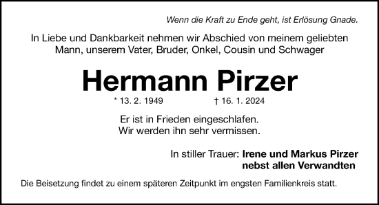 Traueranzeige von Hermann Pirzer von Gesamtausgabe Nürnberger Nachrichten/ Nürnberger Ztg.