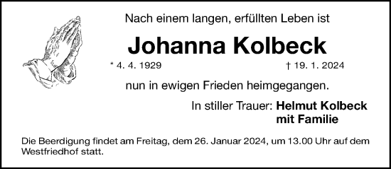 Traueranzeige von Johanna Kolbeck von Gesamtausgabe Nürnberger Nachrichten/ Nürnberger Ztg.