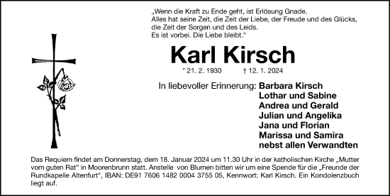 Traueranzeige von Karl Kirsch von Gesamtausgabe Nürnberger Nachrichten/ Nürnberger Ztg.