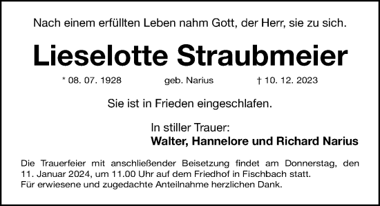 Traueranzeige von Lieselotte Straubmeier von Gesamtausgabe Nürnberger Nachrichten/ Nürnberger Ztg.