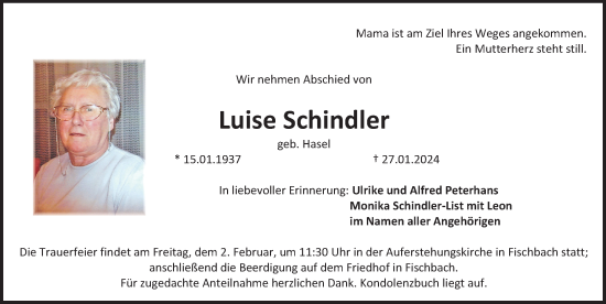 Traueranzeige von Luise Schindler von Gesamtausgabe Nürnberger Nachrichten/ Nürnberger Ztg.