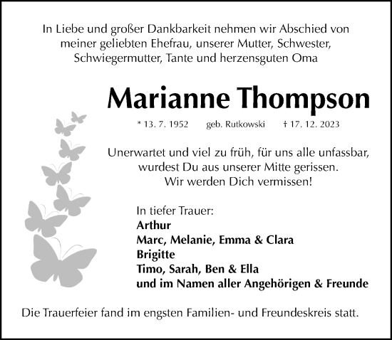 Traueranzeige von Marianne Thompson von Gesamtausgabe Nürnberger Nachrichten/ Nürnberger Ztg.