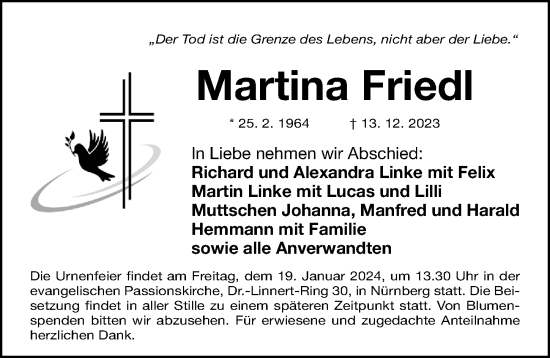 Traueranzeige von Martina Friedl von Gesamtausgabe Nürnberger Nachrichten/ Nürnberger Ztg.