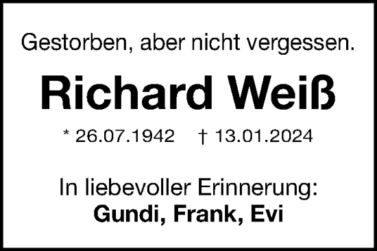 Traueranzeige von Richard Weiß von Gesamtausgabe Nürnberger Nachrichten/ Nürnberger Ztg.