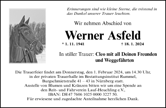 Traueranzeige von Werner Asfeld von Gesamtausgabe Nürnberger Nachrichten/ Nürnberger Ztg.