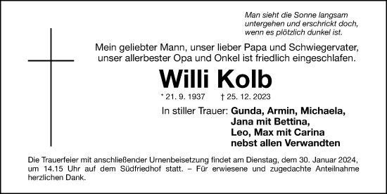 Traueranzeige von Willi Kolb von Gesamtausgabe Nürnberger Nachrichten/ Nürnberger Ztg.
