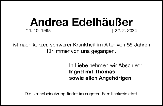 Traueranzeige von Andrea Edelhäußer von Gesamtausgabe Nürnberger Nachrichten/ Nürnberger Ztg.