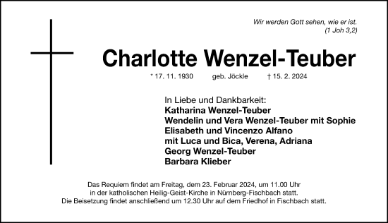 Traueranzeige von Charlotte Wenzel-Teuber von Gesamtausgabe Nürnberger Nachrichten/ Nürnberger Ztg.