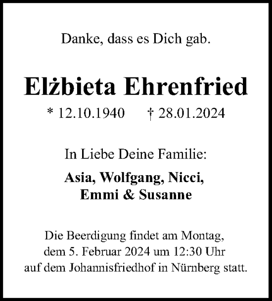Traueranzeige von Elzbieta Ehrenfried von Gesamtausgabe Nürnberger Nachrichten/ Nürnberger Ztg.