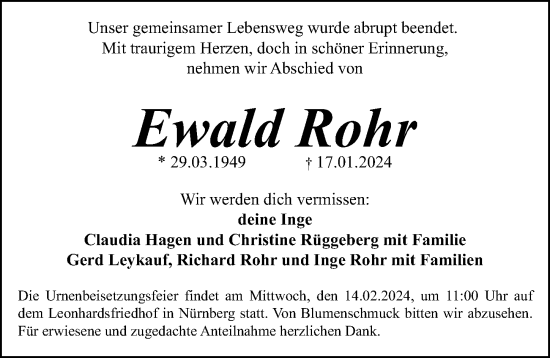 Traueranzeige von Ewald Rohr von Gesamtausgabe Nürnberger Nachrichten/ Nürnberger Ztg.
