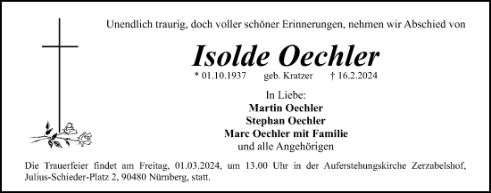 Traueranzeige von Isolde Oechler von Gesamtausgabe Nürnberger Nachrichten/ Nürnberger Ztg.
