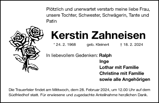 Traueranzeige von Kerstin Zahneisen von Gesamtausgabe Nürnberger Nachrichten/ Nürnberger Ztg.