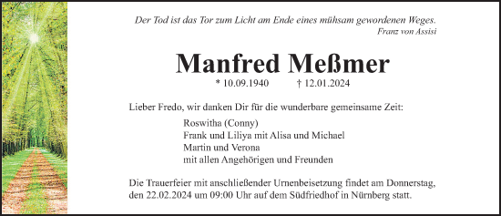 Traueranzeige von Manfred Meßmer von Gesamtausgabe Nürnberger Nachrichten/ Nürnberger Ztg.
