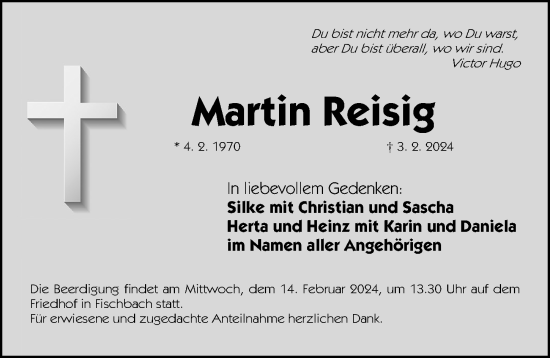 Traueranzeige von Martin Reisig von Gesamtausgabe Nürnberger Nachrichten/ Nürnberger Ztg.