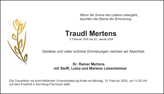 Traueranzeige von Traudl Mertens von Gesamtausgabe Nürnberger Nachrichten/ Nürnberger Ztg.