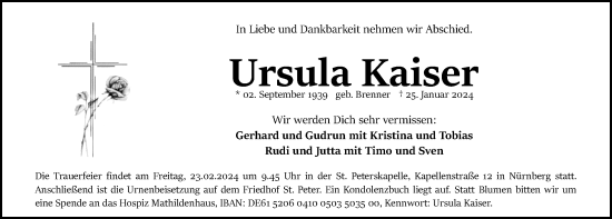 Traueranzeige von Ursula Kaiser von Gesamtausgabe Nürnberger Nachrichten/ Nürnberger Ztg.