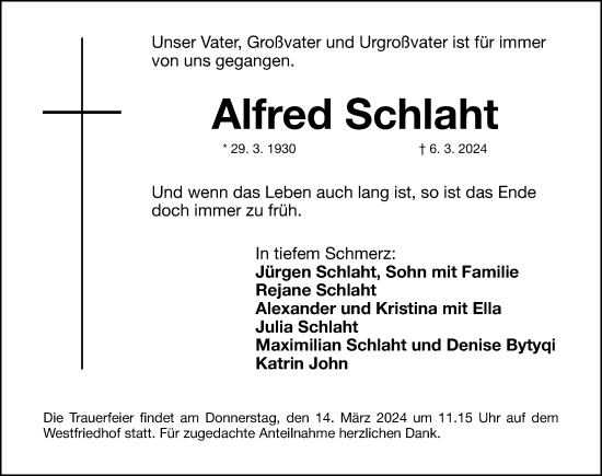 Traueranzeige von Alfred Schlaht von Gesamtausgabe Nürnberger Nachrichten/ Nürnberger Ztg.
