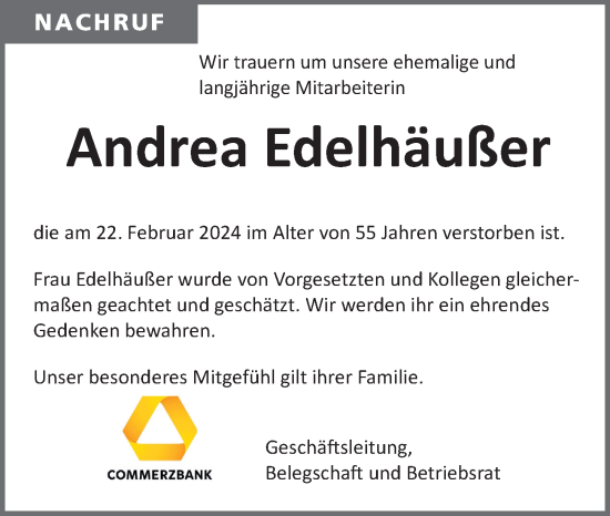 Traueranzeige von Andrea Edelhäußer von Gesamtausgabe Nürnberger Nachrichten/ Nürnberger Ztg.
