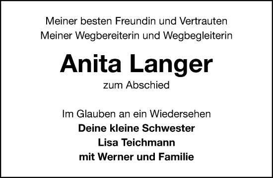 Traueranzeige von Anita Langer von Fürther Nachrichten Lokal