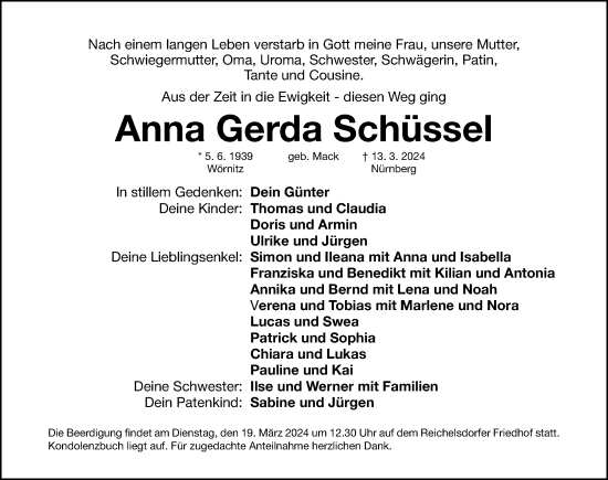 Traueranzeige von Anna Gerda Schüssel von Gesamtausgabe Nürnberger Nachrichten/ Nürnberger Ztg.
