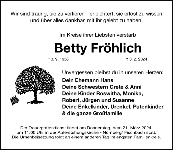 Traueranzeige von Betty Fröhlich von Gesamtausgabe Nürnberger Nachrichten/ Nürnberger Ztg.