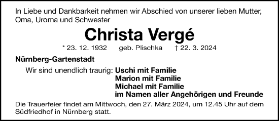 Traueranzeige von Christa Vergé von Gesamtausgabe Nürnberger Nachrichten/ Nürnberger Ztg.