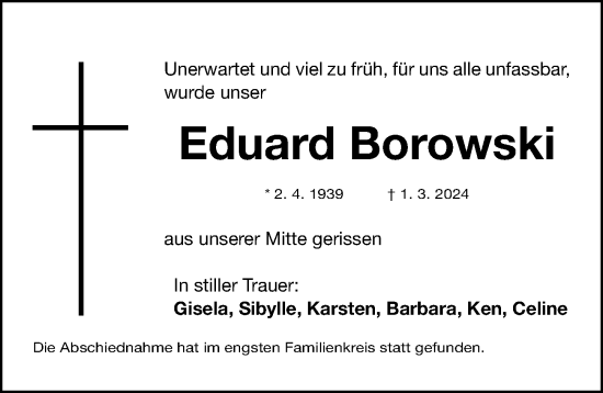 Traueranzeige von Eduard Borowski von Gesamtausgabe Nürnberger Nachrichten/ Nürnberger Ztg.