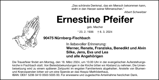 Traueranzeige von Ernestine Pfeifer von Gesamtausgabe Nürnberger Nachrichten/ Nürnberger Ztg.