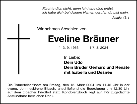 Traueranzeige von Eveline Bräuner von Gesamtausgabe Nürnberger Nachrichten/ Nürnberger Ztg.