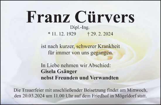 Traueranzeige von Franz Cürvers von Gesamtausgabe Nürnberger Nachrichten/ Nürnberger Ztg.