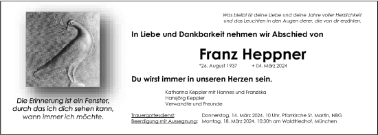 Traueranzeige von Franz Heppner von Gesamtausgabe Nürnberger Nachrichten/ Nürnberger Ztg.