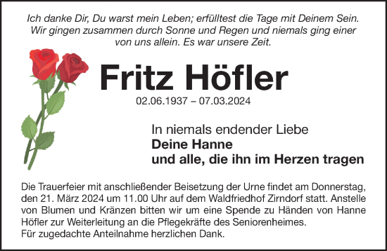 Traueranzeige von Fritz Höfler von Fürther Nachrichten Lokal