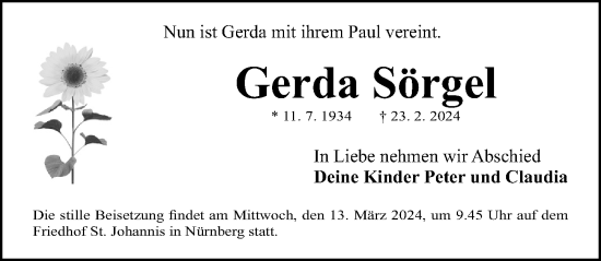 Traueranzeige von Gerda Sörgel von Gesamtausgabe Nürnberger Nachrichten/ Nürnberger Ztg.