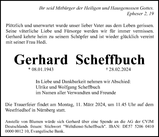 Traueranzeige von Gerhard Scheffbuch von Gesamtausgabe Nürnberger Nachrichten/ Nürnberger Ztg.