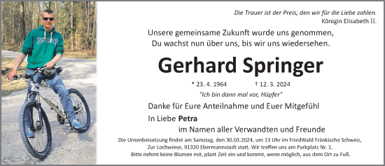 Traueranzeige von Gerhard Springer von Gesamtausgabe Nürnberger Nachrichten/ Nürnberger Ztg.