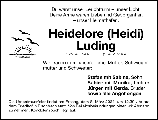 Traueranzeige von Heidelore Luding von Gesamtausgabe Nürnberger Nachrichten/ Nürnberger Ztg.