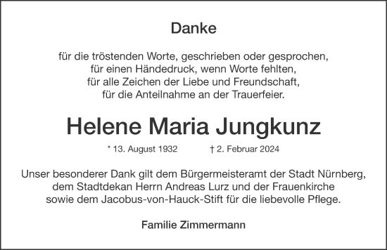 Traueranzeige von Helene Maria Jungkunz von Gesamtausgabe Nürnberger Nachrichten/ Nürnberger Ztg.