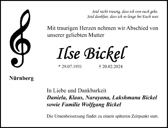 Traueranzeige von Ilse Bickel von Gesamtausgabe Nürnberger Nachrichten/ Nürnberger Ztg.